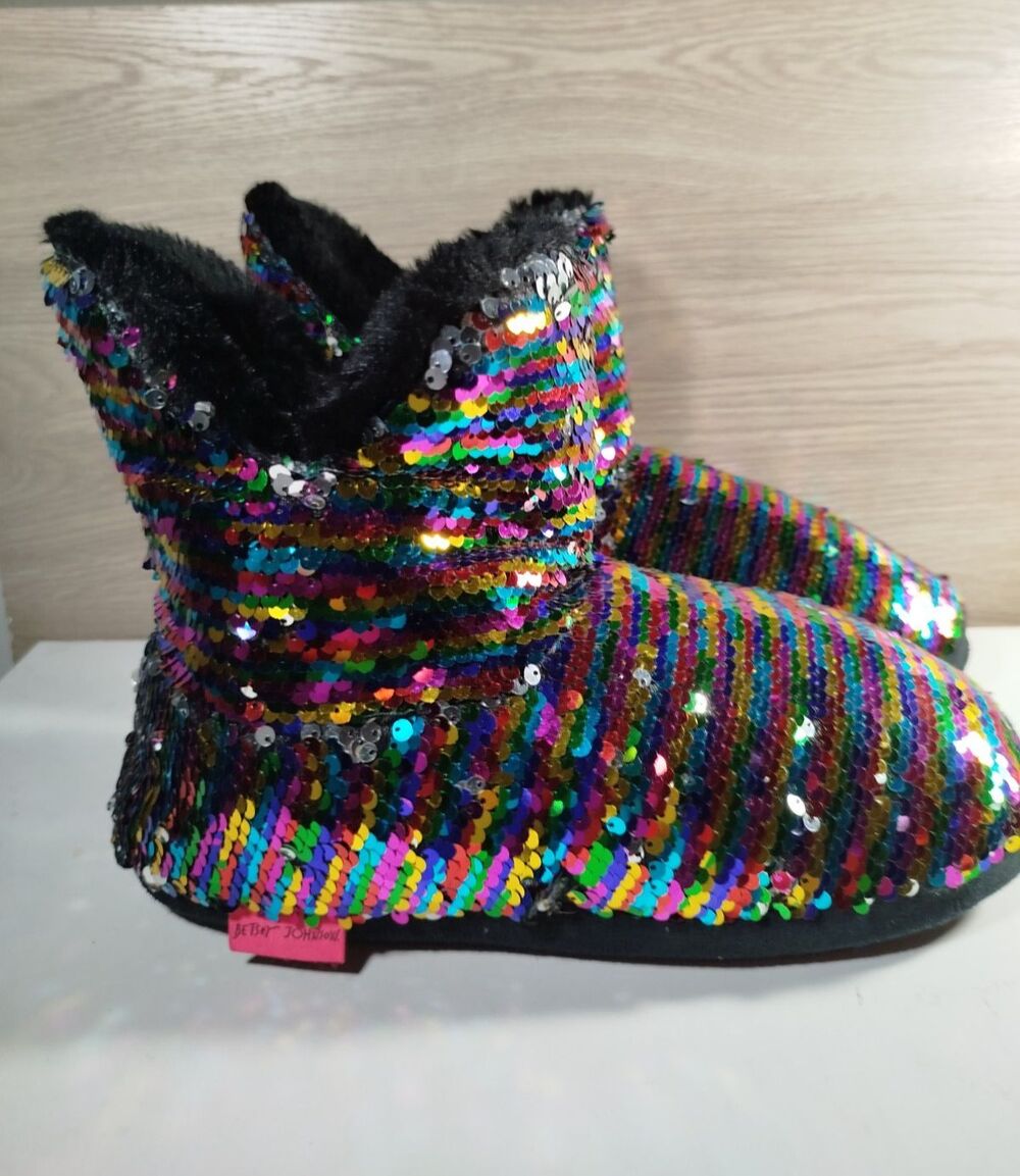 Betsey Johnson Rainbow Sequin Slipper Boots Girls Womens Large 9-10